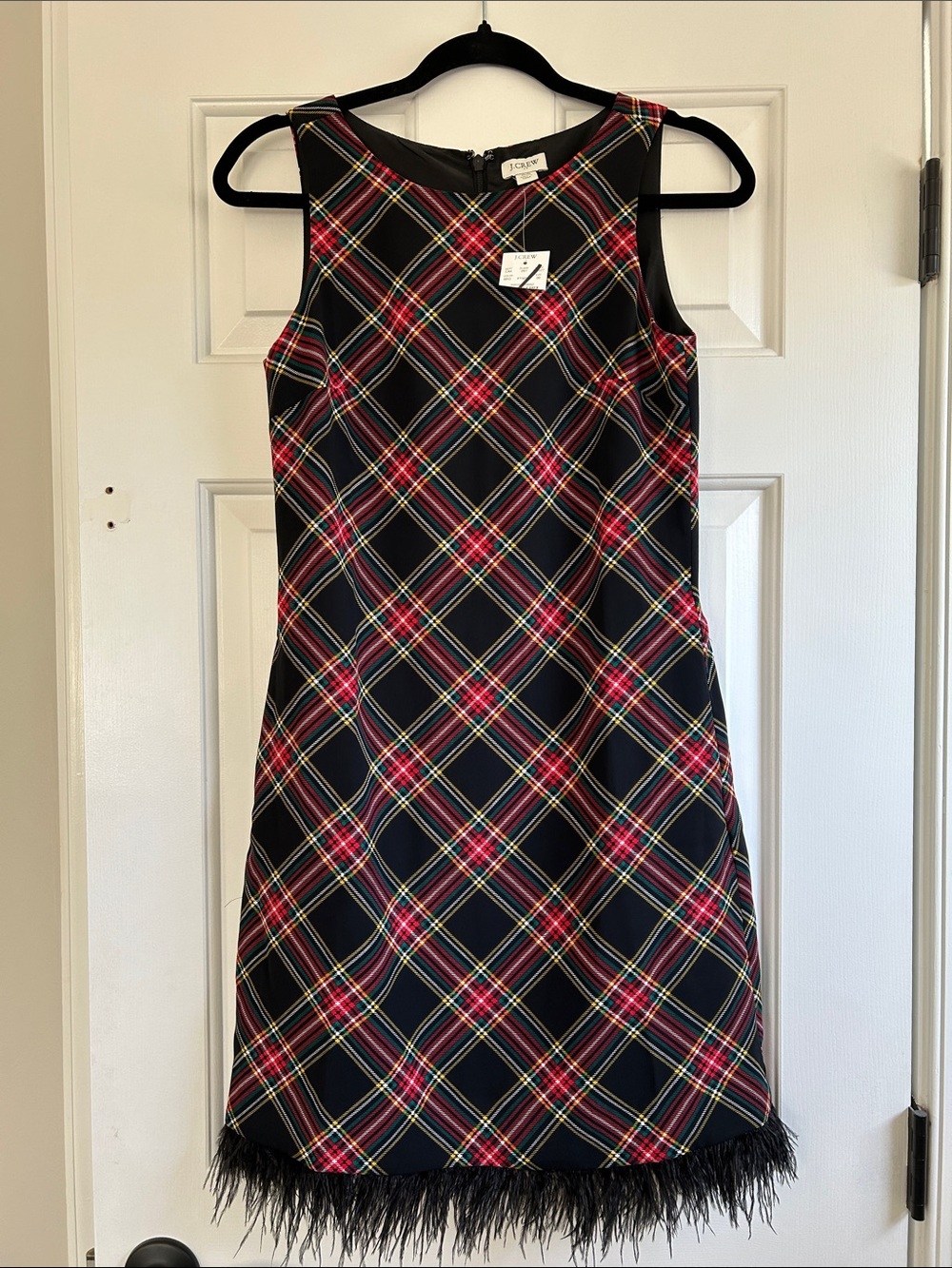 00 J Crew Christmas Tartan Sleeveless Shift Dress with Feather Hem
